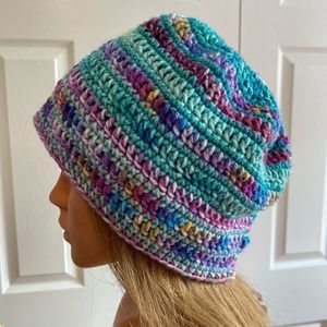 Crochet Winter Hat Beanie Teal Purple Boho Hippie Unique Handmade Stripe